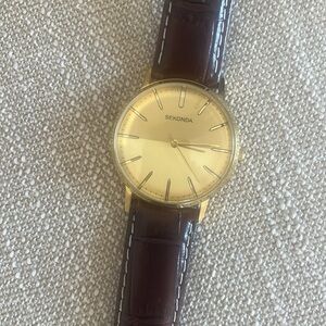 Sekonda gold tone watch, leather strap